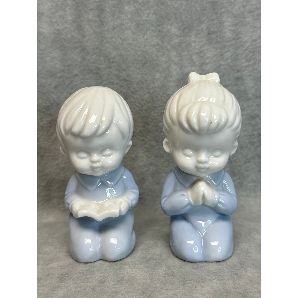 Vintage Porcelain Praying Boy Girl  Figurines Set Light Blue White Made in Japan